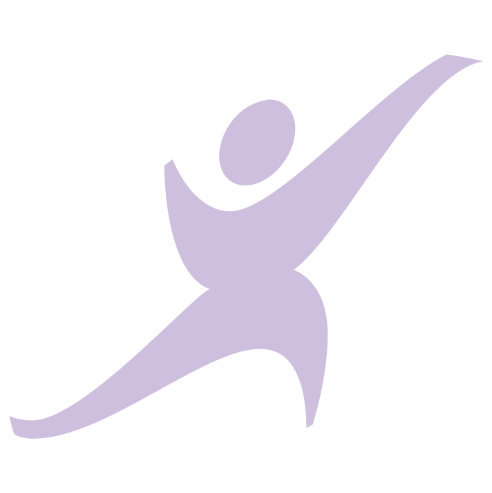 Purple abstract logo resembling a dynamic human figure with outstretched arms and legs, symbolizing movement, creativity, and expression.