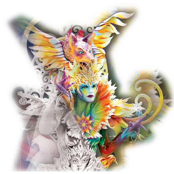 A vibrant bodypainting artwork featuring a fantasy-inspired character with bright multicolored wings, floral and sun motifs, and a fox-like mask above the head, blending surreal details with elaborate costume and painted elements.