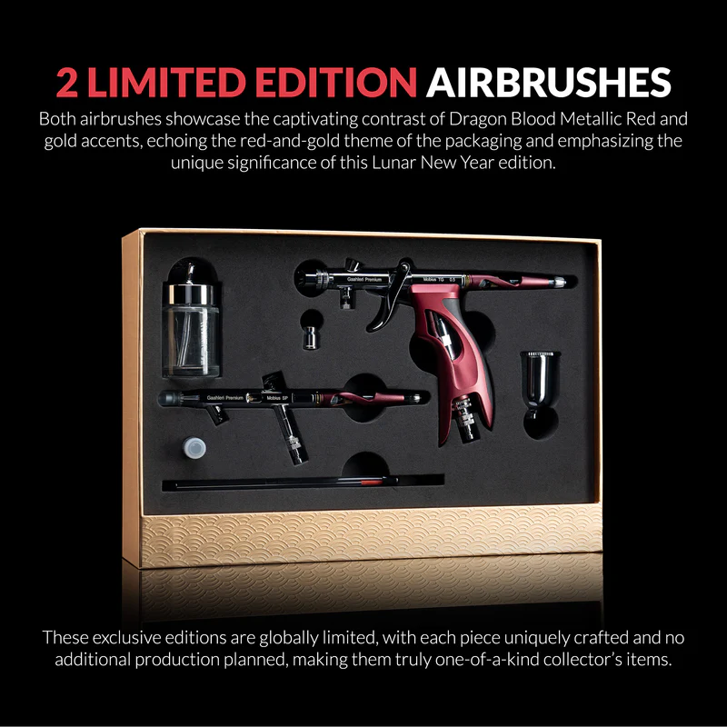 A promotional display for two limited edition airbrushes in Dragon Blood Metallic Red with gold accents. The airbrushes are shown in a black and gold presentation box with accessories. Text highlights that these are Lunar New Year collector’s items, globally limited, uniquely crafted, and with no additional production planned.