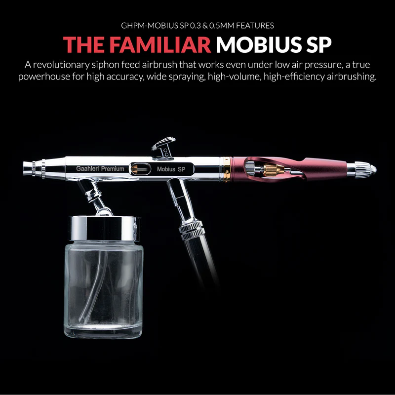 Gaahleri Mobius SP airbrush with a siphon-feed glass jar, shown against a black background with text highlighting its high-accuracy, wide-spraying, and high-efficiency performance.